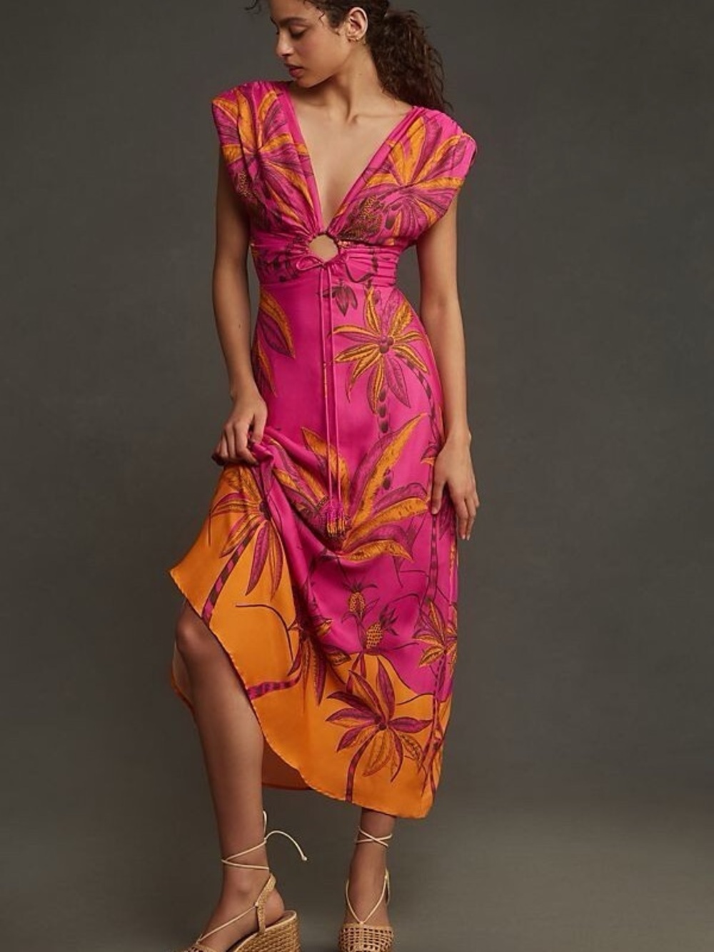 FARM Rio Pink and Orange Tropical Midi Dress